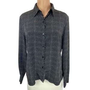 Josephine Chaus Blouse size 10 Black w White Design Long Sleeve Button Front